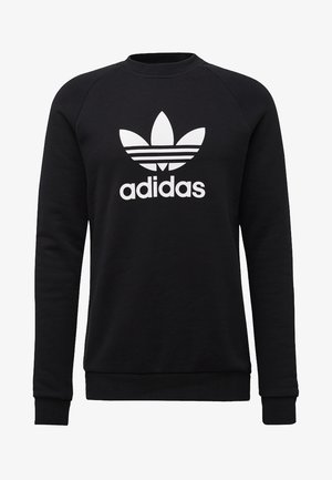 Sudadera negra de manga larga con logotipo y texto Adidas trefoil blanco centrados en el frente, cuello redondo y puños y dobladillo acanalados.