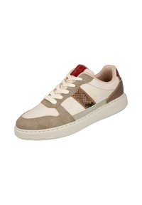 Zapatillas que combinan cuero beige, ante marrón claro y un estampado de serpiente texturizado. Suela de goma blanca con cierre de cordones.