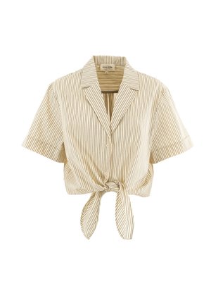 Camisa beige recortada con rayas marrones verticales, mangas cortas, cuello hendido y detalle de nudo en la parte frontal. Tejido suave con un brillo sutil.