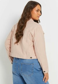 Vaaleanpunainen farkkutakki, jossa on rento leikkaus. Ominaisuuksiin kuuluvat lyhyt malli, nappikoristeet ja klassinen kaulus. Pintarakennetta kuvastaa sileä ja kevyt tuntuma.