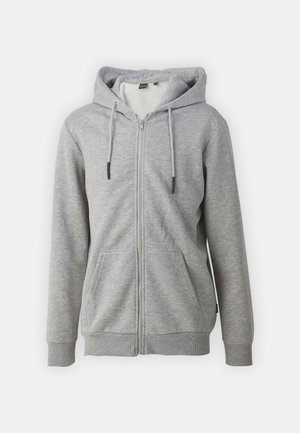 Gray zip-up hoodie with a drawstring hood, front pockets, ribbed sleeves and hem, made from soft, textured fabric.