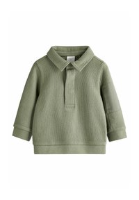 Hellgrüner, gestrickter Pullover für Kleinkinder mit Kragen, einzelner Knopfschluss, langen Ärmeln und gerippten Bündchen. Verfügt über einen strukturierten Stoff.