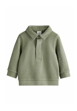 Hellgrüner, gestrickter Pullover für Kleinkinder mit Kragen, einzelner Knopfschluss, langen Ärmeln und gerippten Bündchen. Verfügt über einen strukturierten Stoff.