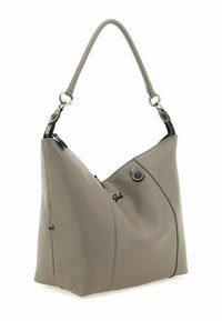 Bolso de mano de cuero gris con un diseño estructurado, que presenta una silueta curva, textura suave, cierre de cremallera y una correa corta para el hombro.
