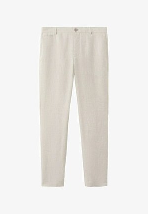Jasnobeżowe spodnie o prostych nogawkach z zapięciem na guzik i szlufkami na pasek, wyposażone w przednie i tylne kieszenie.