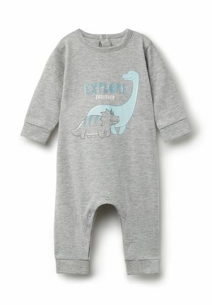 Grau Baumwoll-Overall mit langen Ärmeln, Druckknopfverschlüssen und einem Dinosaurier-Graphic mit dem Text "Zusammen Erforschen" in hellblau.