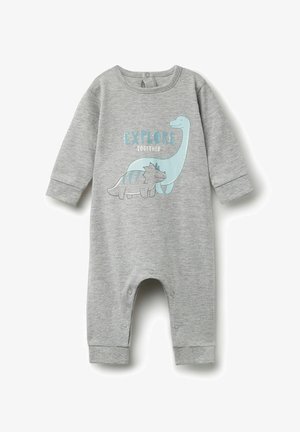Romper in cotone grigio con maniche lunghe, chiusure a scatto e una grafica di un dinosauro con la scritta "ESPLORA INSIEME" in blu chiaro.