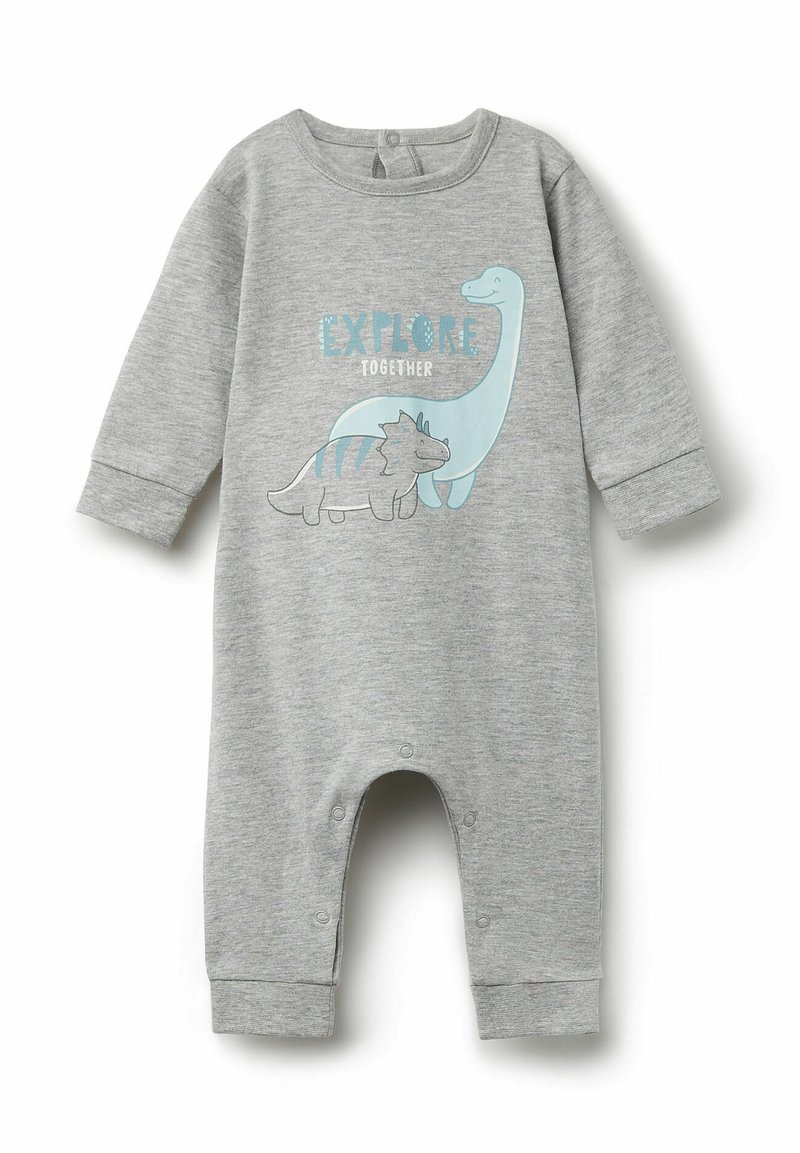 Šedý bavlněný overal s dlouhými rukávy, zapínáním na patentky a grafikou dinosaura s textem "PROZKOUMÁVAT SPOLU" v světle modré barvě.