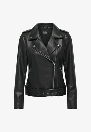 Melna ādas motokrosa jaka ar sudraba detaļām, ar rāvējslēdzēja aizdari, iegrieztu apkakli un jostu vidukļa daļā. Iekļauj garas piedurknes un teksturētu apdari.