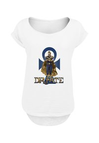 White cotton T-shirt featuring a graphic of a character in gold and blue with an ankh design behind, labeled "DR. FATE" in blue lettering.