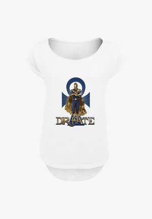 White cotton T-shirt featuring a graphic of a character in gold and blue with an ankh design behind, labeled "DR. FATE" in blue lettering.