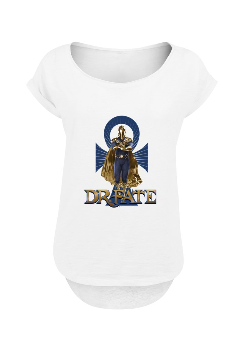 White cotton T-shirt featuring a graphic of a character in gold and blue with an ankh design behind, labeled "DR. FATE" in blue lettering.