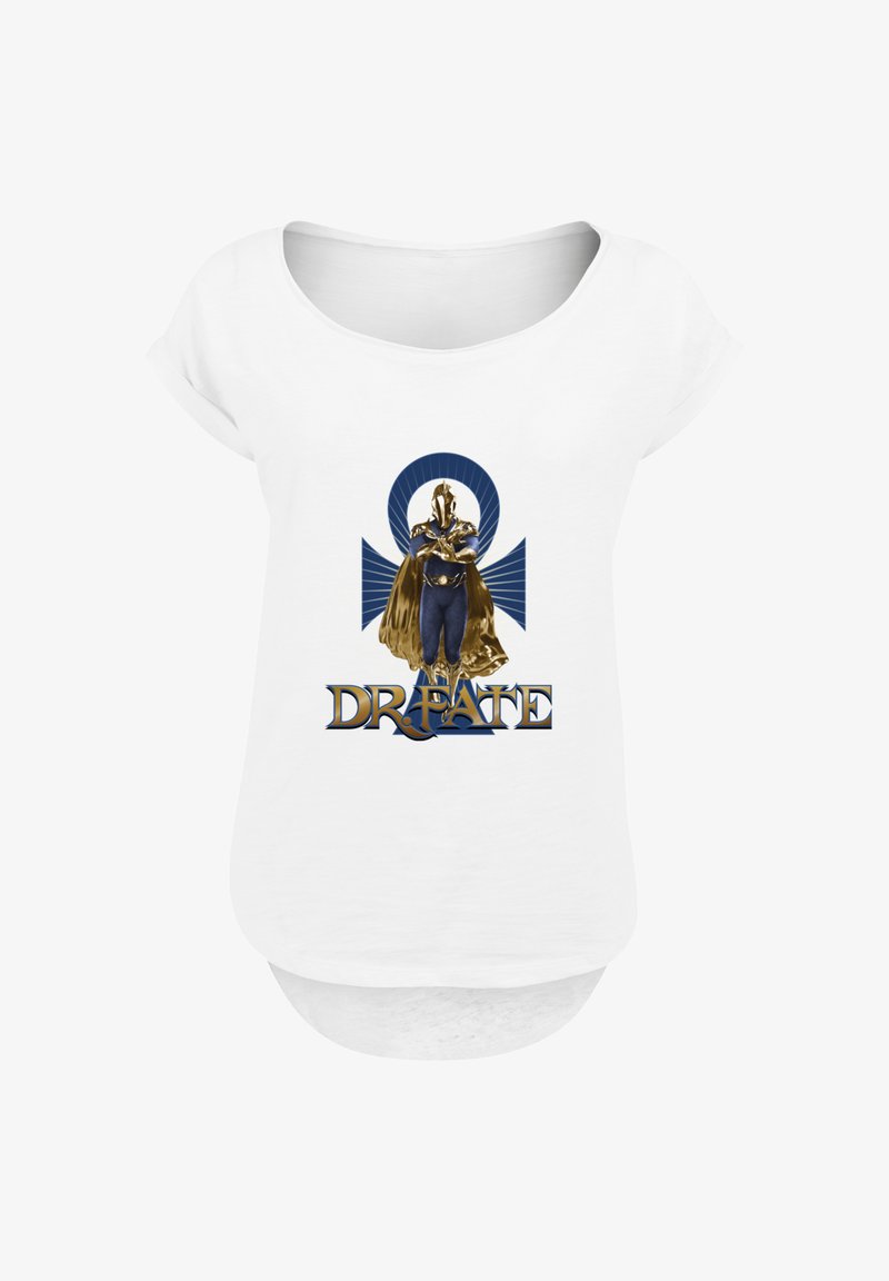 White cotton T-shirt featuring a graphic of a character in gold and blue with an ankh design behind, labeled "DR. FATE" in blue lettering.