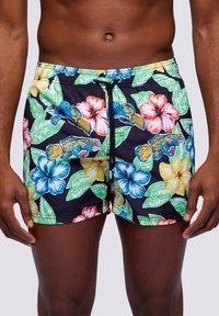 Pantaloni da bagno neri con vivaci motivi floreali in blu, rosa, giallo e verde, dotati di vita con cordino e tessuto leggero.