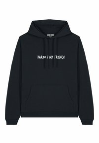Felpa nera realizzata in morbido tessuto, con tasca frontale, coulisse e la scritta "PARDO I MY FRENCH" in bianco sul petto.
