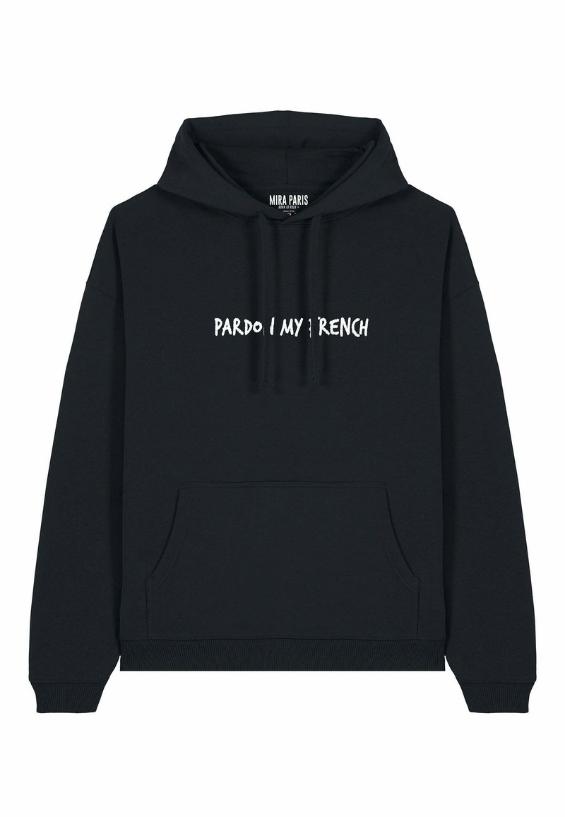Felpa nera realizzata in morbido tessuto, con tasca frontale, coulisse e la scritta "PARDO I MY FRENCH" in bianco sul petto.