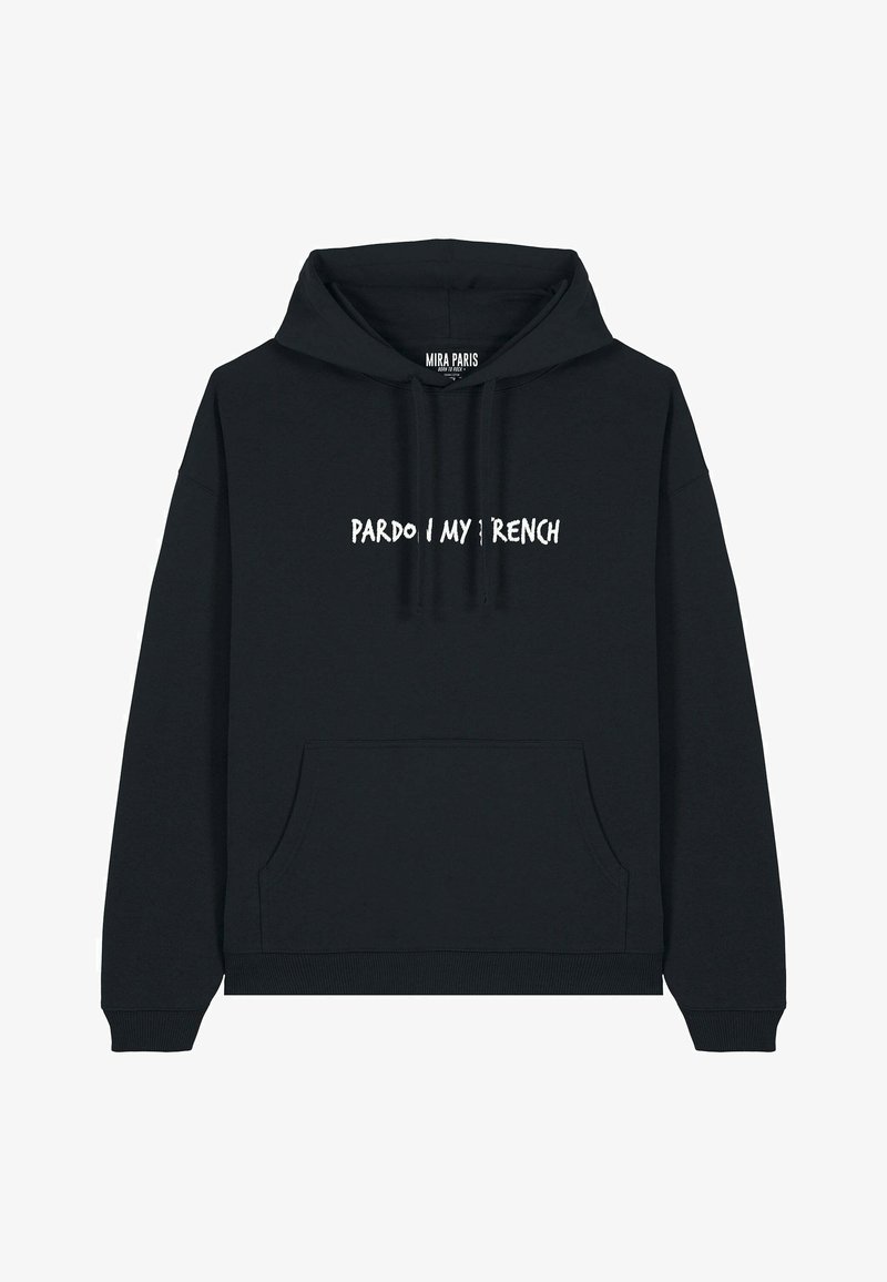 Felpa nera realizzata in morbido tessuto, con tasca frontale, coulisse e la scritta "PARDO I MY FRENCH" in bianco sul petto.