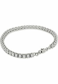 Bracciale in tonalità argento con design a maglie, caratterizzato da pietre chiare tagliate a rotondo alternate. Include una chiusura sicura per il fissaggio.