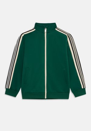 Grønn treningsjakke med høy krage, glidelås og to sidelommer; har tre vertikale striper i beige og svart på ermene.