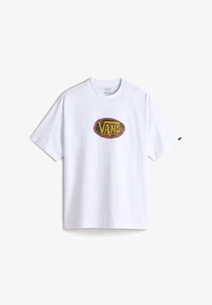 Biała koszulka z krótkim rękawem z kolorowym, owalnym logo "VANS" z przodu. Wykonana z bawełny, ma luźny krój oraz okrągły dekolt.