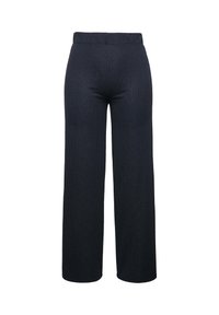 Marineblauwe wijde broek van textuurstof, met een subtiel gestreept patroon en een elastische tailleband voor comfort.