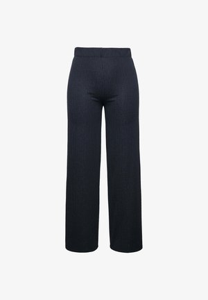 Navy wide-leg pants with a textured fabric, featuring a subtle striped pattern and an elastic waistband for comfort.