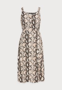 Snygg klänning med ormskinnsmönster som har en figursydd bodice, fyrkantig halsringning och axelremmar, samt en svävande kjol tillverkad av lätt material.