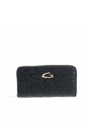 Portefeuille en cuir noir zippé autour avec motifs "G" embossés et logo "G" doré au centre devant.