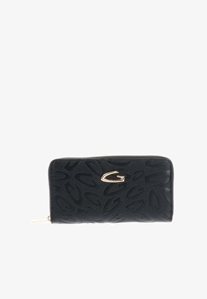 Portefeuille en cuir noir zippé autour avec motifs "G" embossés et logo "G" doré au centre devant.