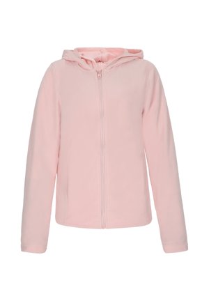 Felpa con zip di colore rosa chiaro, realizzata in morbido pile, con cappuccio, maniche lunghe e una texture liscia. Nessun motivo o decorazione visibile.