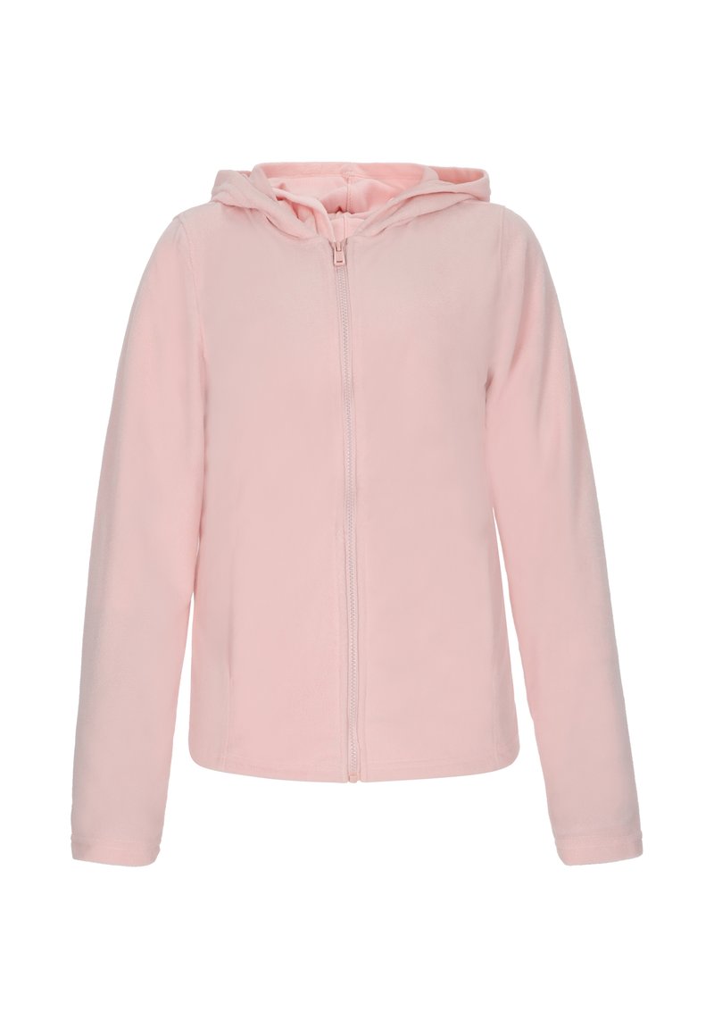 Felpa con zip di colore rosa chiaro, realizzata in morbido pile, con cappuccio, maniche lunghe e una texture liscia. Nessun motivo o decorazione visibile.