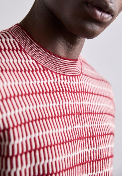 Pull en tricot rouge et blanc avec un motif en zigzag texturé, comportant un col côtelé et une coupe ajustée.