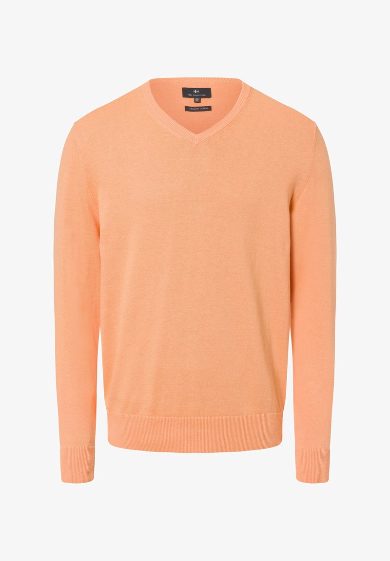 V-neck sweater in light orange, made of organic cotton. Soft texture, long sleeves, ribbed cuffs and hem. Simple and classic design.