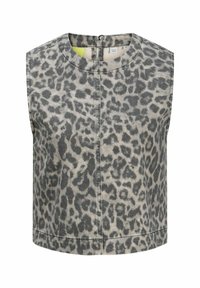 Mouwloos grijs denim top met een zwart luipaardprint, ronde halslijn, sluiting met knopen op de rug en een gestructureerde, cropped silhouet.