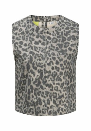 Mouwloos grijs denim top met een zwart luipaardprint, ronde halslijn, sluiting met knopen op de rug en een gestructureerde, cropped silhouet.