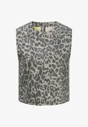 Ärmelloses graues Denim-Oberteil mit einem schwarzen Leopardenmuster, rundem Ausschnitt, Knopfverschluss hinten und einer strukturierten, cropped Silhouette.
