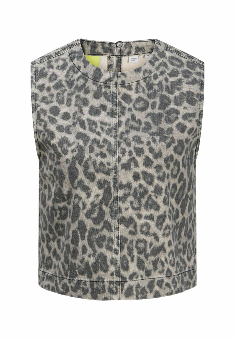 Mouwloos grijs denim top met een zwart luipaardprint, ronde halslijn, sluiting met knopen op de rug en een gestructureerde, cropped silhouet.