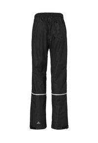 Zwarte waterdichte broek met een elastische tailleband, reflecterende strepen en een achterzak. Gemaakt van een gladde, duurzame stof.