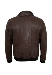 Rückansicht einer dunkelbraunen Lederjacke mit abgesteppten Nähten, Ellbogenflicken und schwarzen, gerippten Bündchen sowie Saum.