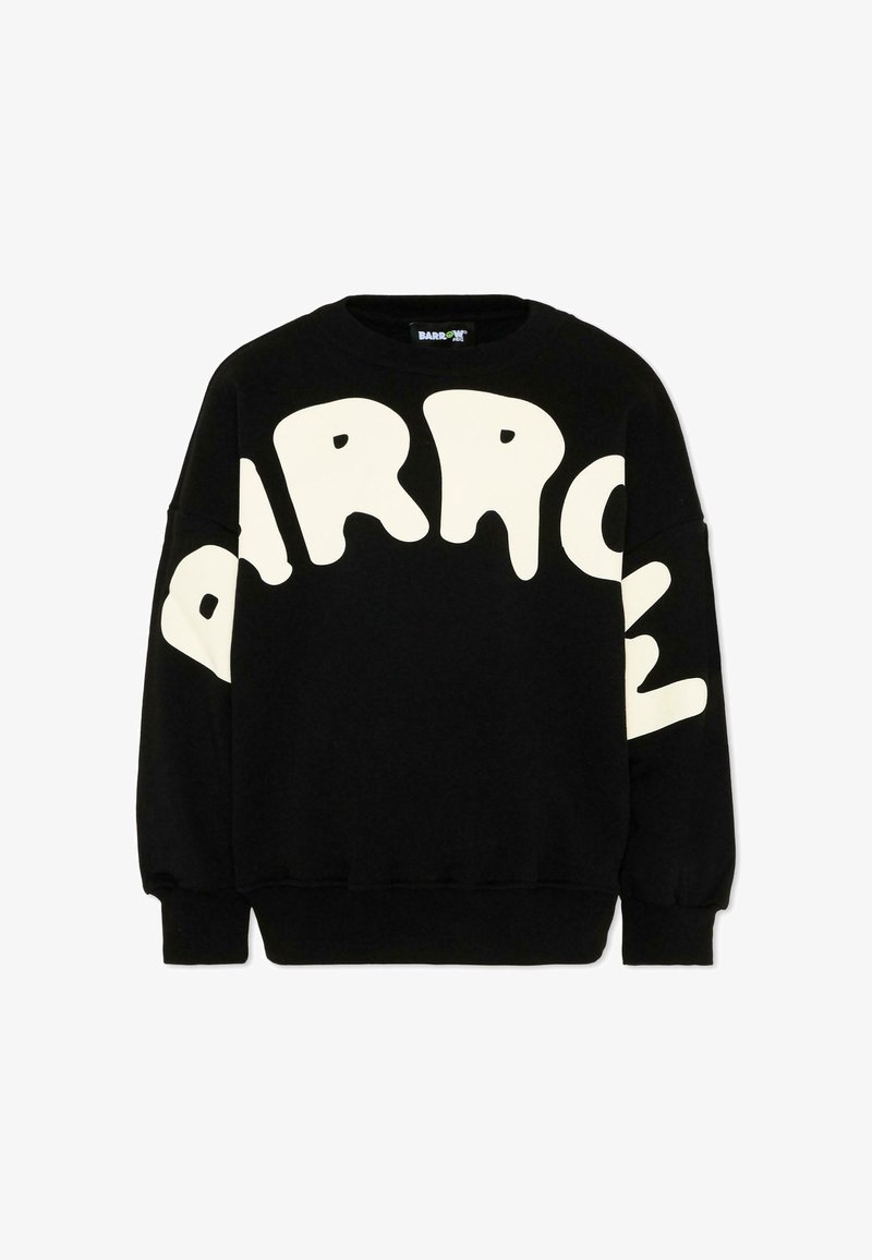 Sweatshirt noir avec de grandes lettres blanches formant le texte incurvé "BARROW" sur la poitrine et les manches.