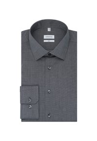 Grijze langekmouw shirt van textuurstof; met een sprei-kraag, knoopsluiting aan de voorkant en een enkelvoudige knoopmanchet.