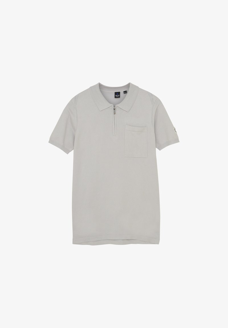 Grå polo T-shirt med korte ærmer, halvdelt lynlås foran, krave og lomme på venstre bryst. Struktureret stof med en glat overflade.