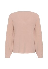 Pull en tricot rose clair, décolleté rond, manches longues avec texture côtelée, coupe décontractée et détails de couture subtils au niveau des poignets.