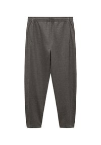 Pantalon de survêtement gris en tissu doux avec une taille élastique, doté de deux poches latérales et de jambes fuselées. Texture lisse, design minimal.