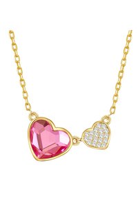Guldtonad halsband med en stor rosa hjärtformad ädelsten och ett mindre hjärta med klara, glittrande detaljer, sammanlänkade av en kedja.