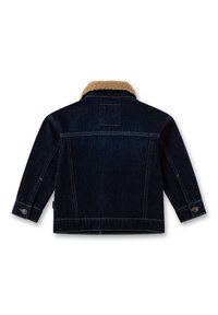 Dark denim jacket with a faux fur collar, featuring long sleeves, buttoned cuffs, and back yoke detail. Smooth texture and structured fit.