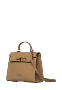 Borsa a mano in pelle beige con una forma strutturata, manico superiore e tracolla rimovibile. Presenta una chiusura con dettaglio in metallo dorato e logo.