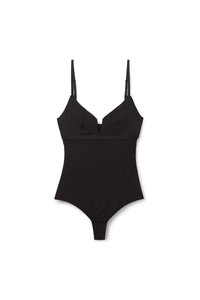 Svart bodysuit med tunna justerbara axelband, djup urringning och tryckknappar i nederkant. Tillverkad i slät tyg med en figurnära design.