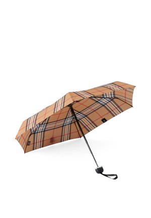 Folded beige umbrella with a brown, black, white, and red plaid pattern and a black handle with a wrist strap.