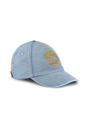 Cappellino da baseball in denim azzurro chiaro con visiera curva. Presenta un logo dorato a forma di albero sulla parte frontale e un design in tessuto testurizzato.